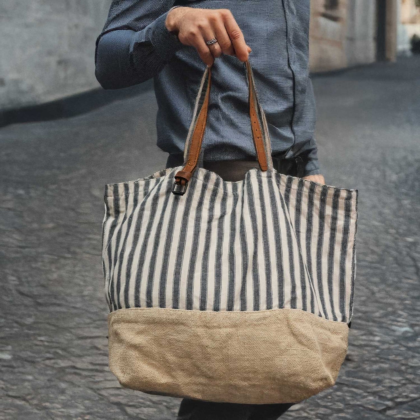 Grain Stripe Tote ビンテージ フレンチストライプ 米こく用麻袋生地使用のトートバッグ
